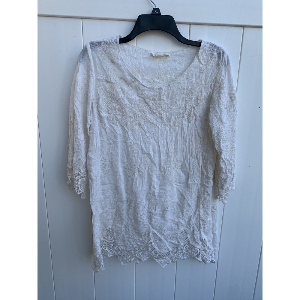 Solitaire Womens Top Lace Embroidered Ivory 3/4 Sleeve